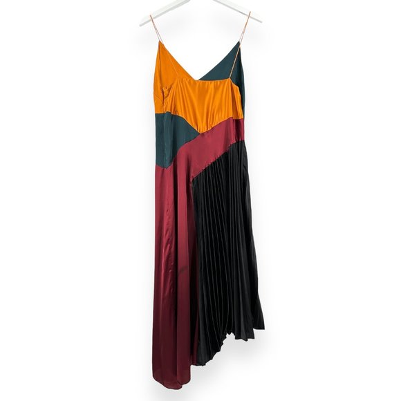 ASOS Color Blocked Pleated Skirt Satin Midi Dress - Picture 2 of 10